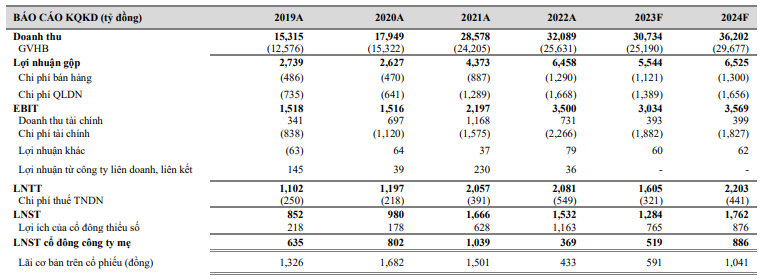 Bảng dự phóng kết quả kinh doanh của GEX